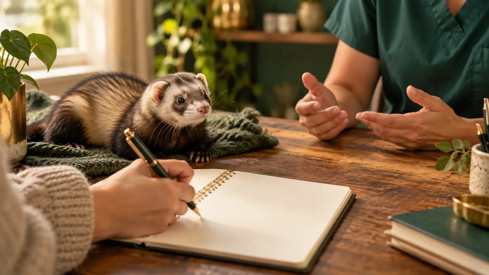 Una persona anota preguntas durante una consulta veterinaria, con un hurón junto al cuaderno.