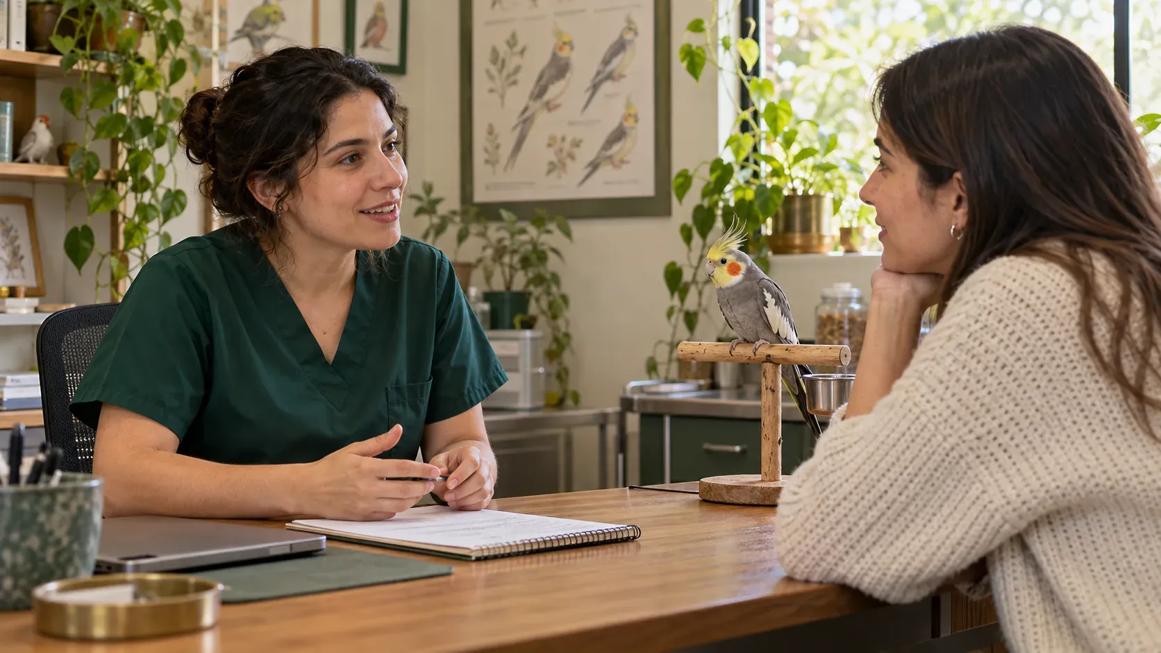 Una veterinaria conversa con la tutora de una ninfa durante una consulta.